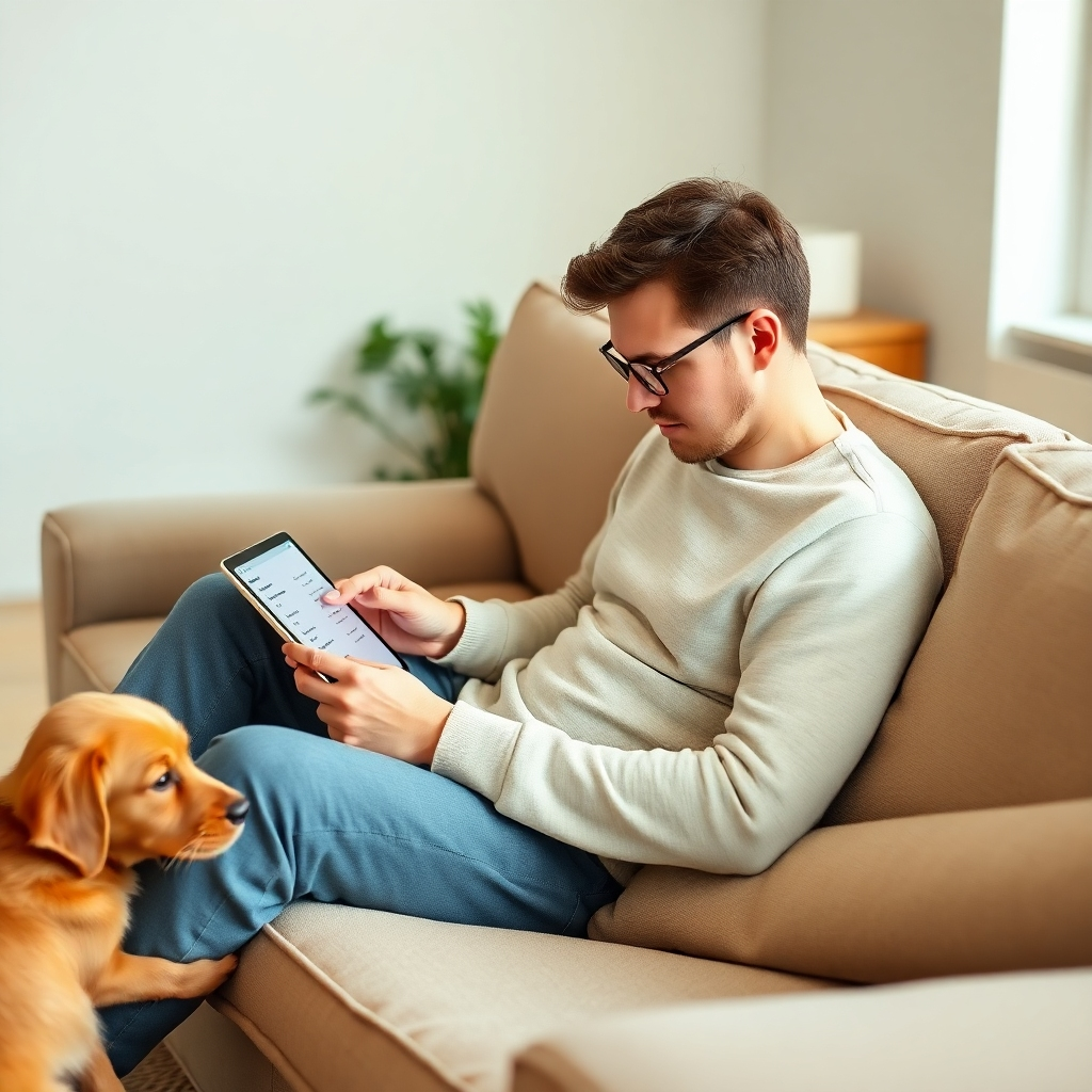 A photorealistic image of an individual comfortably sitting on a couch, filling out a survey on a tablet. Soft, natural lighting showcases a cozy living room environment with a neutral color palette that evokes relaxation. Perhaps include a friendly pet nearby to convey comfort and companionship. Texture details in the fabric of the couch and the wooden accents of the room should add warmth. The camera angle should emphasize ease and a casual approach to financial applications.