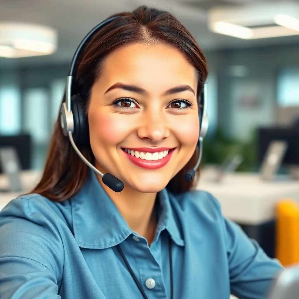 A professional image of a friendly customer service representative speaking to a caller with a headset while surrounded by a supportive work environment. The bright lighting and color palette of professional blues and whites symbolize readiness and help. Textures of comfortable office furnishings should convey a welcoming atmosphere. The camera angle should emphasize the representative's encouraging demeanor as they assist clients.