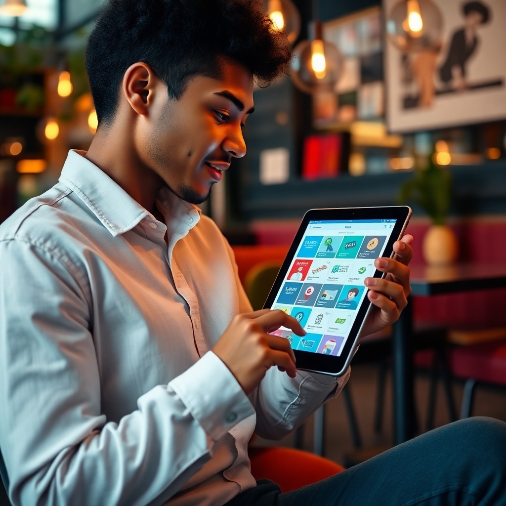 A striking image featuring a person exploring loan options on a tablet in a stylish café setting. The environment exudes a sense of comfort and creativity, with warm lighting and vibrant decor. The tablet screen displays an array of loan offers, visually appealing with icons and graphics. The focus on the user’s engagement with the device symbolizes discovery and choice, enhancing the image's message of unlocking financing options.