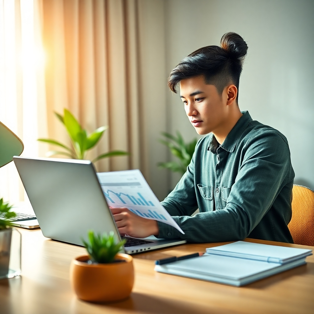 A stylized image focusing on a young professional reviewing a financial report on a laptop. The scene should include elements signifying empowerment, such as a bright light illuminating the workspace. A modern desk with plants and stationery enhances the inviting atmosphere, while a color palette of greens and golds symbolizes growth and positivity. Camera angle from a slight side-view to capture focused engagement. Inspiration is drawn from contemporary workspace designs.