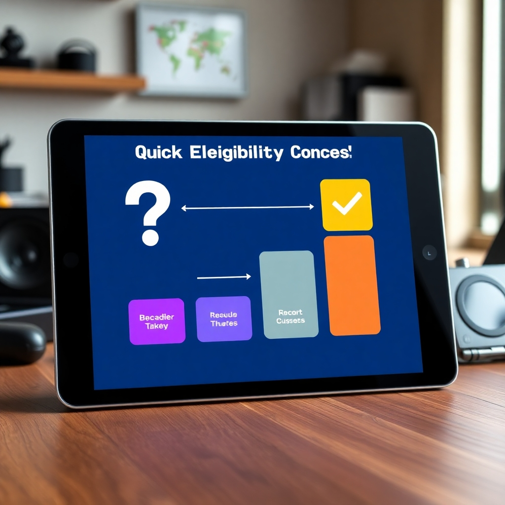 A stylized image that depicts a streamlined process flowchart on a digital tablet. The chart shows simple steps leading from a question mark to a checkmark, representing the quick eligibility check method. The background features a workspace with soft lighting and modern tech gadgets. Bright colors highlight the steps, making it visually engaging and easy to understand, while textures such as wood grain and metal give depth. The image should encapsulate the essence of efficiency and modern technology.