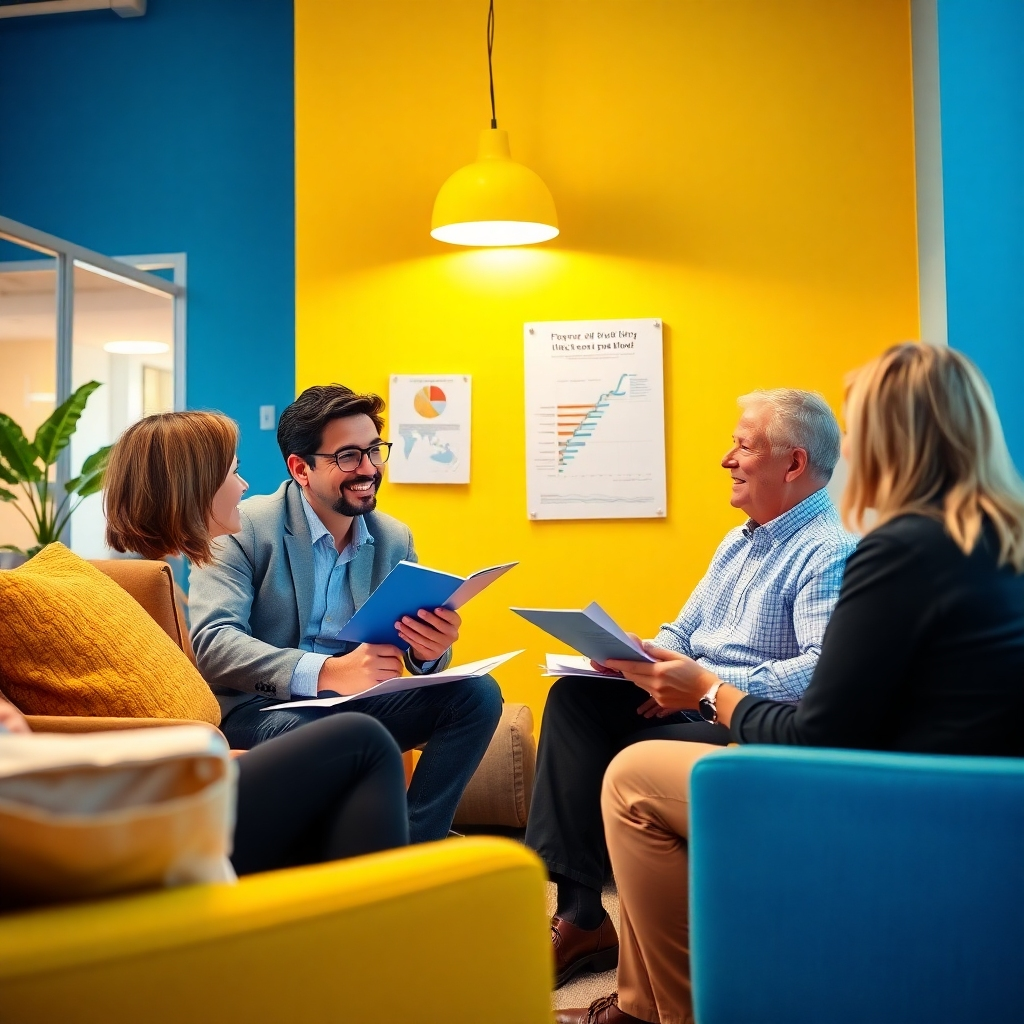 A vibrant image illustrating a supportive financial consultant interacting with clients in a friendly meeting space. The lighting should be bright and encouraging, with a color palette combining deep blues and bright yellows to create a sense of optimism. Props may include brochures, charts, and personal testimonials. Textures from the furnishings enhance comfort, and the camera angle should capture the engaging interaction between consultant and client, symbolizing partnership.