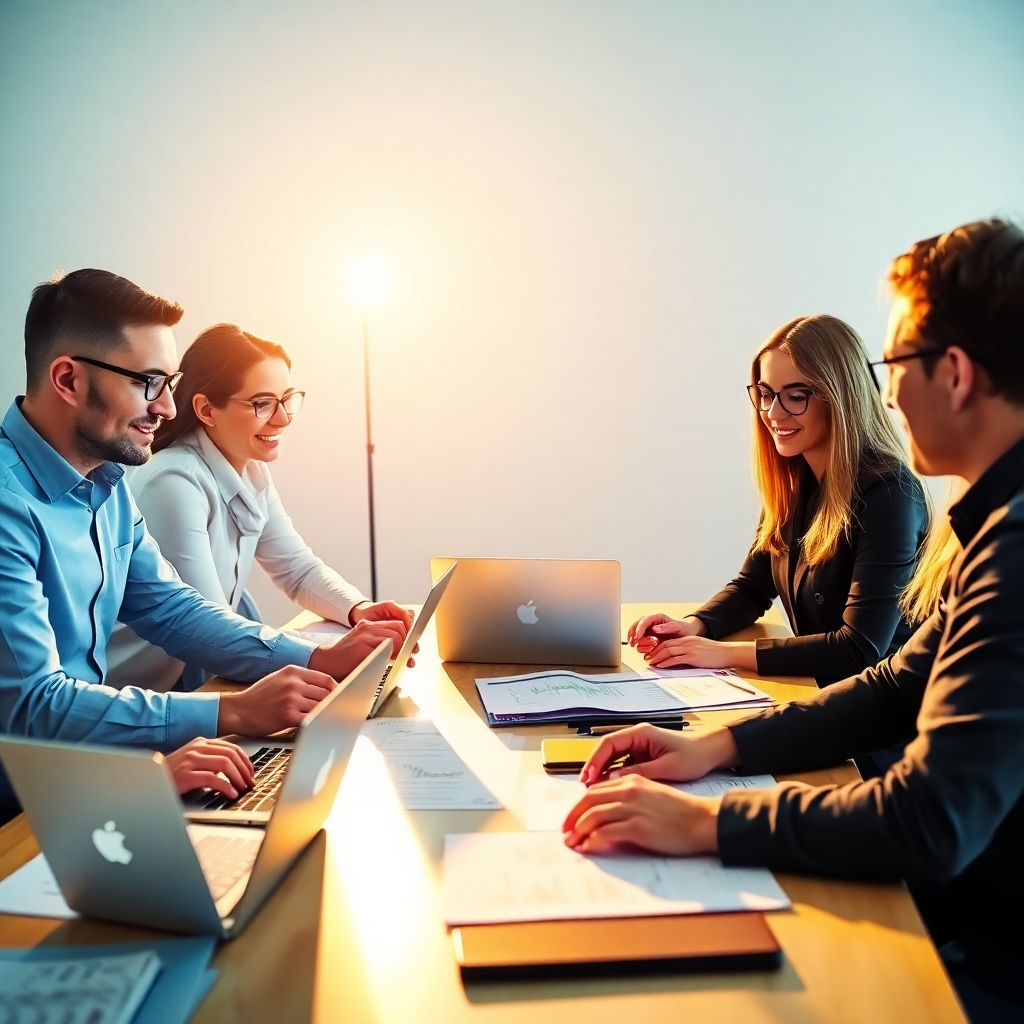 A vibrant image showing a group of people discussing financial options around a table filled with laptops and documents. The lighting should be bright, showcasing collaboration and excitement. The focus should be on the interactive dynamics among the participants, symbolizing teamwork in finding fast financing solutions. This imagery must encapsulate synergy and the quick process, presenting a clear, high-resolution representation of financial discussions.
