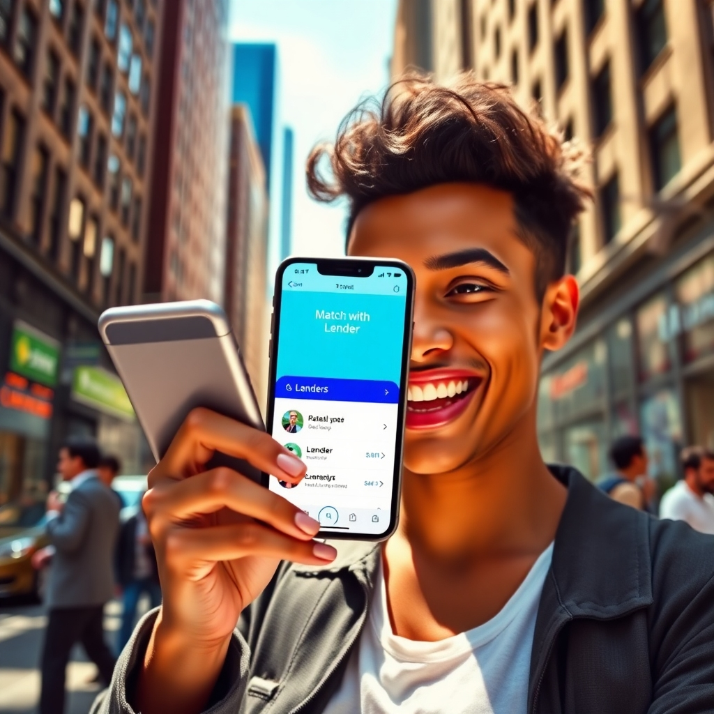 A visually captivating image of a person receiving a notification on their smartphone about matching with a lender. The subject's expression shows excitement and satisfaction, surrounded by a dynamic urban backdrop. Natural light streams in, showcasing the vibrancy of city life, while the smartphone screen glows with lender options. The composition captures kinetic energy and the thrill of financial possibilities, rendered in a modern style with attention to detail to evoke a sense of hope and opportunity.