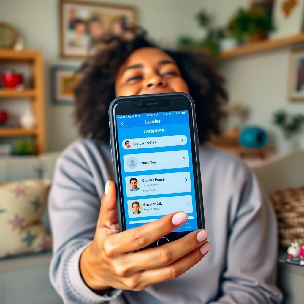 A warm and inviting image of a smartphone displaying lender profiles, with a happy user looking at the screen in joy. The background shows a cozy home environment filled with personal touches, creating an inviting atmosphere. The composition should highlight the smartphone interface, focusing on lender options. Vivid colors should be used to symbolize hope and a wide range of choices, ensuring a relatable and engaging image.