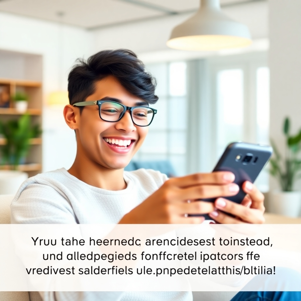 An engaging image showcasing a satisfied user receiving matched lender notifications on their smartphone. The surroundings are bright and modern, with soft colors enhancing the feeling of satisfaction and hope. The focus is on the user's joyful reaction, illustrating the success of being matched with suitable lenders. Strong emphasis should be put on capturing the excitement and relief of navigating loan options seamlessly, ensuring the image is vibrant and high quality.