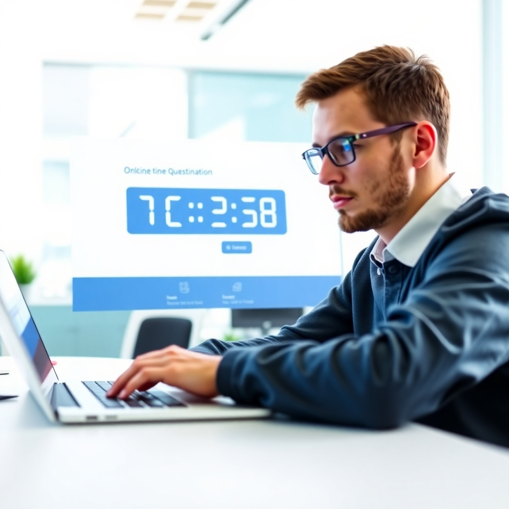 An image portraying a user facing an online questionnaire on a laptop with a timer displayed to signify speed. The scene should be illuminated with clear, bright lighting, conveying urgency and efficiency. A color palette of bright whites and blues creates a sense of professionalism. Textures of the sleek laptop and office decor highlight modern technology. The camera angle should focus on the screen and user's engaged expression.