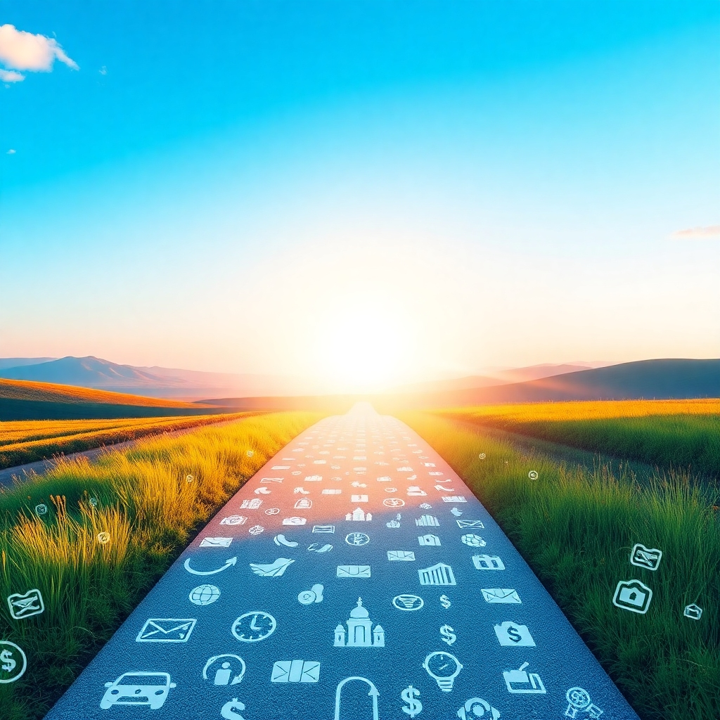 An invigorating pictorial summary representing a smooth path filled with icons depicting cash, loans, and approvals leading toward a bright horizon. The backdrop is a serene landscape with clear skies and vibrant colors. The pathway is paved with digital icons that relate to financial concepts, symbolizing the user-friendly nature of the quiz. This image should embody hope and confidence in securing financing, rendered in a clean, modern aesthetic suitable for a financial services website.