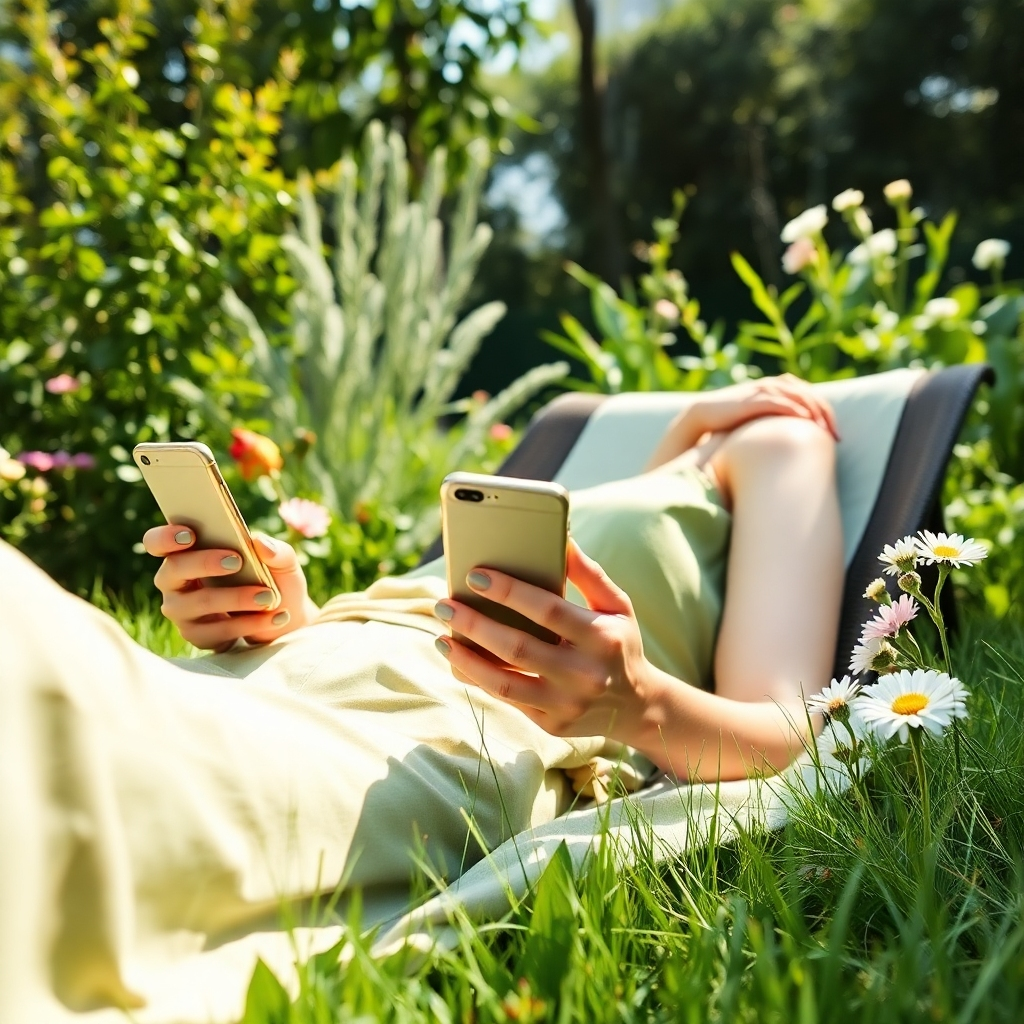 An inviting image of a woman lounging in a garden, accessing a survey on her smartphone. The natural light plays off the greenery around her, indicating a stress-free environment. A color palette of bright greens and floral accents enhances the feeling of freshness and clarity. Textures of grass, flowers, and soft fabric should create a tranquil atmosphere. The camera angle should be from a lower perspective to highlight her relaxed demeanor amidst nature.