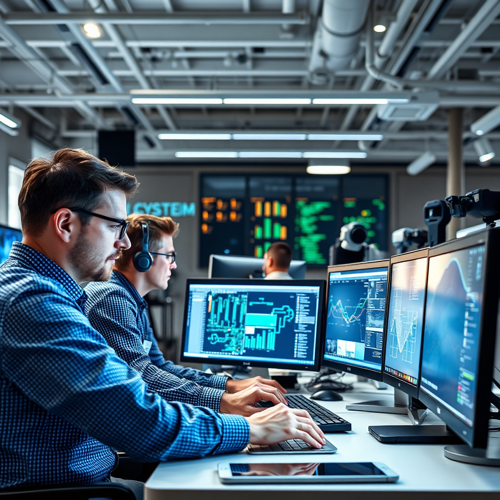 Craft a photorealistic image showing engineers working intently on multiple screens, orchestrating the digital implementation of complex systems. The composition should reflect a busy modern office, with a variety of engineering tools and devices visible. Lighting should be bright and energetic, creating a high-tech atmosphere. The color palette can include blues, whites, and grays, symbolizing innovation and clarity. The camera should capture both the team in action and the intricate details on the screens, presenting a narrative of seamless collaboration and technology.