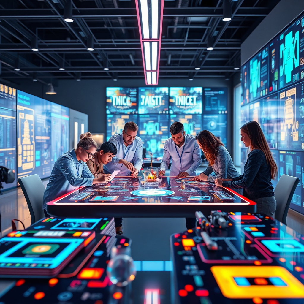 Craft a visually captivating image depicting a team collaborating around a central digital table, developing smart solutions through AI-driven simulations. The environment should project a sense of innovation with advanced technology and a modern aesthetic. Lighting should be bright and uplifting, filled with colorful displays from the technology. Capture the vibrancy of the team's interaction and brainstorming as they explore possibilities. The final image should represent the transformative power of AI in engineering environments.