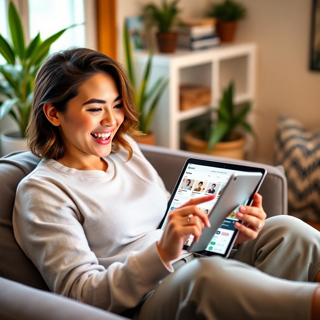 Create a captivating image of a user exploring the Smart Loan app on a tablet in a cozy environment. Include casual seating, plants, and personal items that suggest a homey, inviting space. The user's expression should radiate excitement and engagement with vivid screen content showing profiles and interactions. The lighting should be warm and soft, enhancing the image's inviting nature.