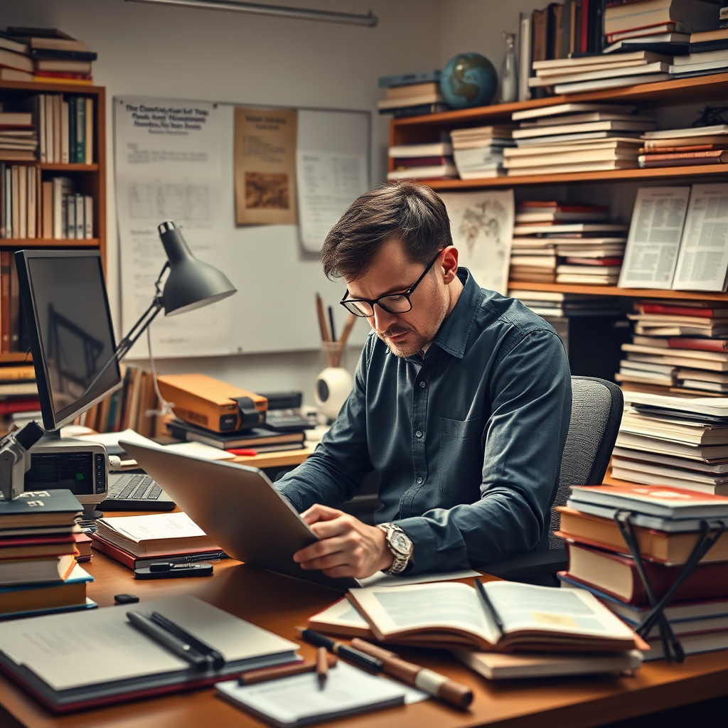 Create a compelling image of a technical writer drafting complex documentation, surrounded by a plethora of resources including books, devices, and a modern desk setup. The environment should be well lit, creating a scholarly atmosphere. Utilize a warm color palette with earthy tones, evoking professionalism and focus. The scene should emphasize attention to detail and organization in documentation processes.