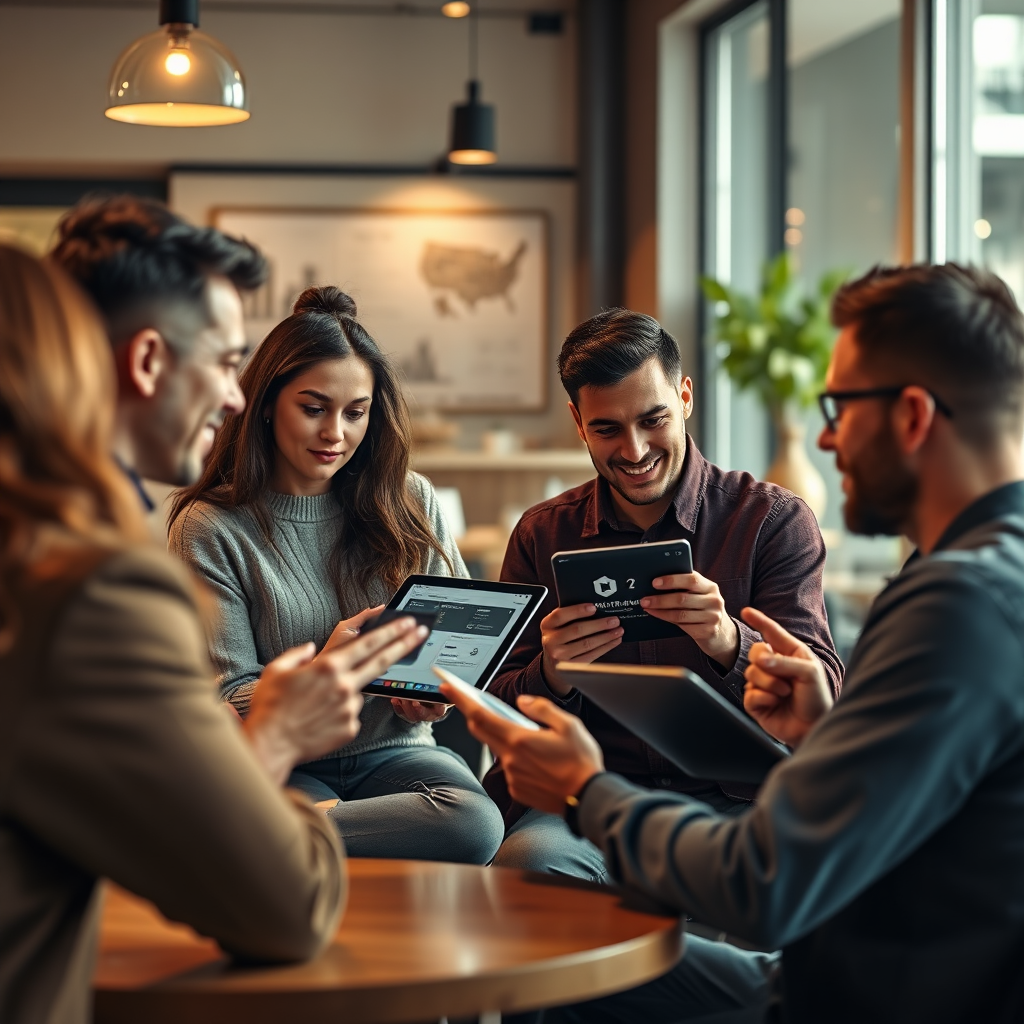 Create a realistic scene showing a group of users discussing their experiences with different crypto platforms. Each person can be holding a tablet or laptop displaying various platform interfaces. The lighting should be soft and inviting, enhancing the warm interaction among users. A casual setting, like a cafe, can be chosen to portray comfort and approachability. The color palette should reflect various moods, suggesting excitement and curiosity. Capture this moment with a slightly tilted camera angle to create an engaging narrative. The final image should inspire trust and community, designed in 8K resolution.