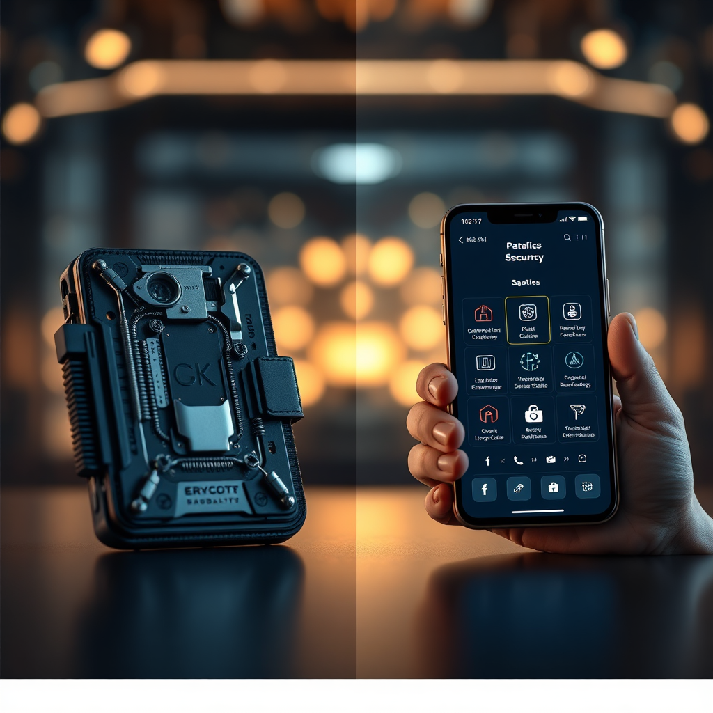 Create a split-screen image showcasing two types of crypto wallets side by side. One side should depict a hardware wallet with intricate details, while the other presents a digital wallet interface on a smartphone. A sleek and modern backdrop with soft glowing lights should unify the image. Different icons can be used to represent security features and usability on each side. Employ a direct eye-level perspective to promote clarity and engagement. The final image should evoke sophistication in wallet security, composed in stunning 8K resolution.