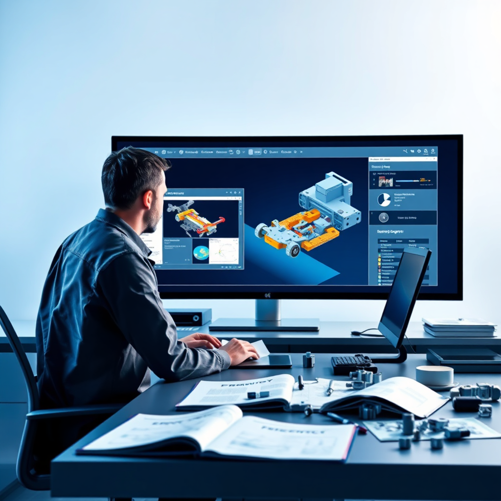 Create a stylized image that represents customized engineering solutions, showcasing an engineer using advanced simulation software on a large screen. The environment should be sleek and modern with a minimalist design, highlighted by cool colors like blue and silver. The lighting must focus on the screen to emphasize the high-tech nature of the work. Include props like technical manuals and 3D models scattered on a desk. The composition should inspire a sense of precision and professionalism, reflecting a high-quality business atmosphere.