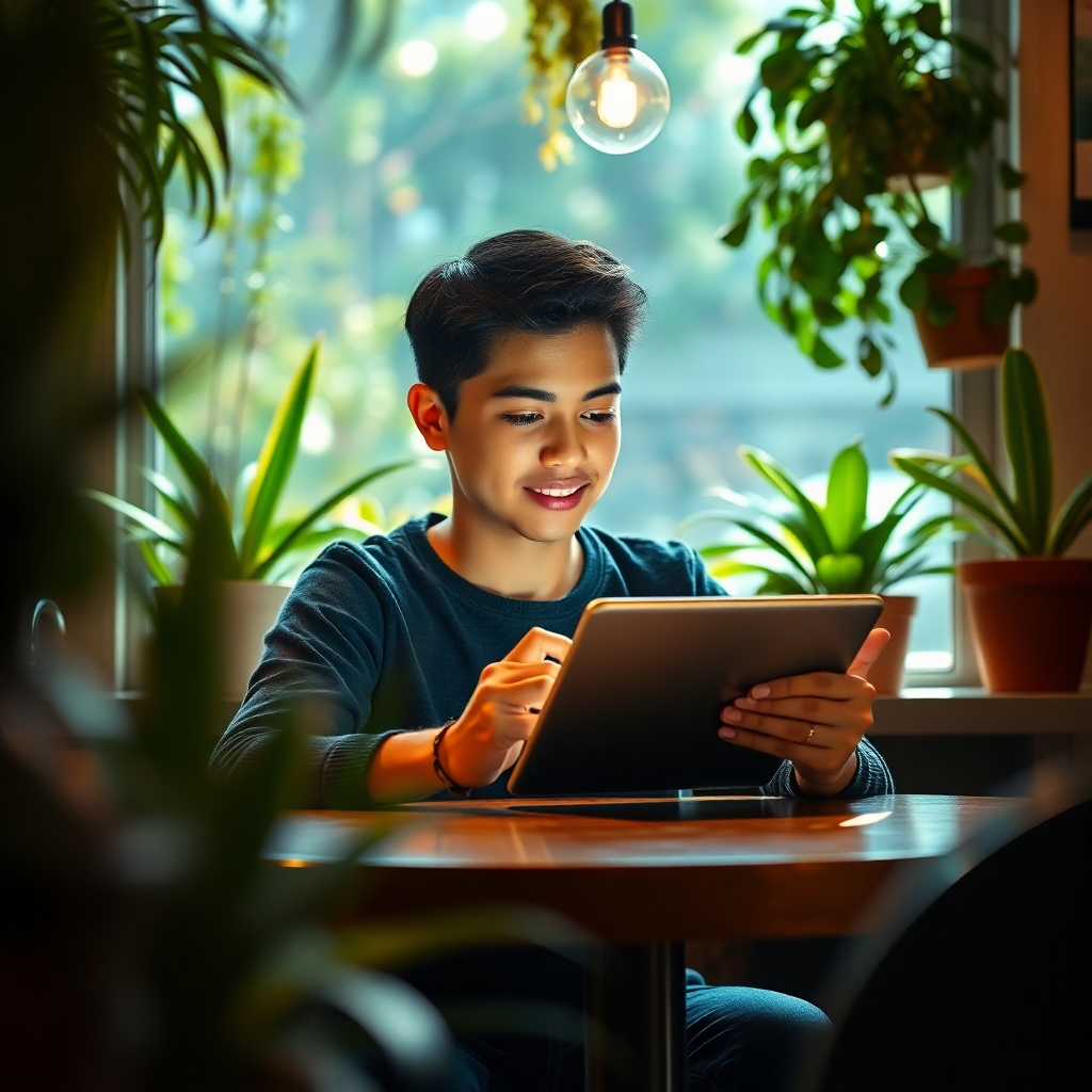 Create a vibrant image of a person sitting at a cozy café, engaged in taking a quiz on a tablet. The scene should be intimate, filled with plants and natural decor. Use soft, ambient sunlight streaming through the window, creating a serene and inviting atmosphere. Focus on the person's expressions, showcasing curiosity and excitement. The texture of the tablet should be clear, and the overall composition must evoke an inviting ambiance, rendered in high-quality photorealism.