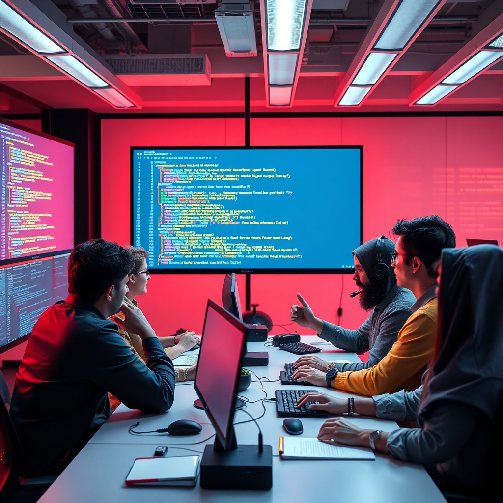 Create a visual that showcases a group of engineers sharing coding practices at computers with large monitors displaying coding standards. The environment should be modern with vibrant colors, reflecting creativity. The scene should be dynamic, capturing gestures and discussion among engineers with screens showing code snippets and documentation references. Lighting should be bright and inviting, enhancing collaboration. The final image should symbolize teamwork and knowledge sharing in an innovative tech setting.