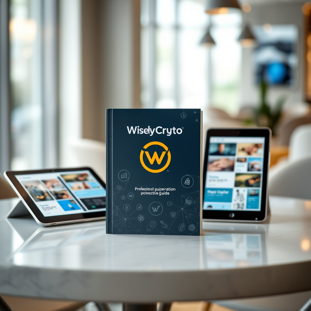 Create an enticing visual of a beautifully designed guide with the WiselyCrypto logo prominently displayed on the cover, accompanied by digital devices showcasing appealing visuals from the guide. The setup should be centered on a modern table with a welcoming environment that encourages reading and learning. Soft, natural light should enhance the scene, highlighting the guide's professional design. A subtle bokeh effect in the background can evoke a sense of focus on the guide itself. Create this in a crisp 8K resolution with a photorealistic approach.