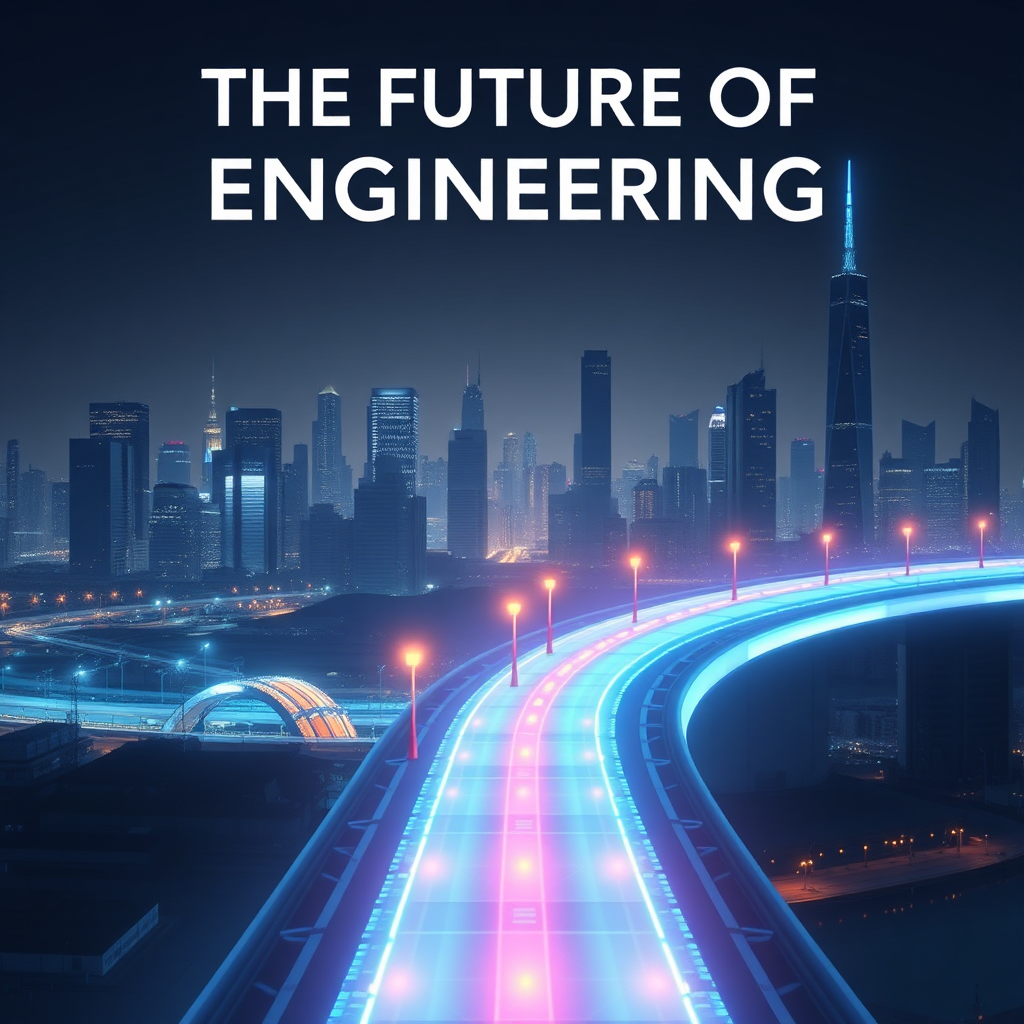 Create an image depicting a roadmap to the future of engineering, illustrated with AI tools and technologies set against a city skyline. The image should combine elements of digital innovation with a real-world application, showcasing engineers planning for tomorrow's challenges. Utilize bright colors to highlight key points along the roadmap while keeping the skyline in muted tones for contrast. The lighting should evoke a sense of hope and possibility. The composition should engage viewers with its forward-thinking narrative and inspirational context.