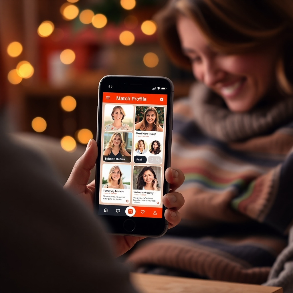 Create an image focused on a smartphone displaying personalized match profiles. Surround the phone with a cozy and inviting setting, with a user looking at the screen with excitement. Ensure the colors are warm and friendly, inviting a sense of connection and possibility. The final image should be photorealistic and high quality.