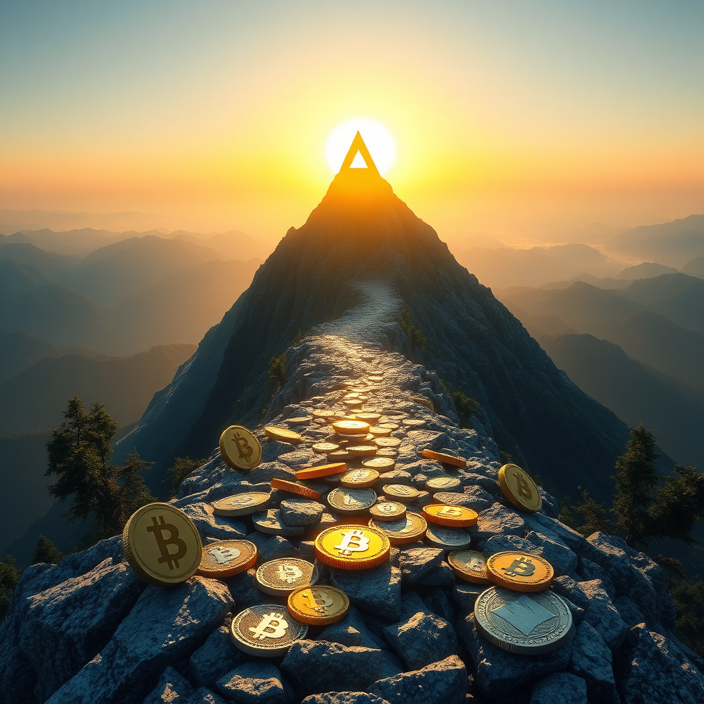 Create an inspiring image of a digital mountain peak with the WiselyCrypto logo at the summit, symbolizing the journey towards crypto mastery. The background should showcase a sunrise, representing new opportunities in the crypto world. A path leading up to the peak should be lined with digital coins and icons of popular cryptocurrencies. Soft golden light should envelop the scene, conveying warmth and hope. Use a slightly elevated camera angle to provide a sense of aspiration and achievement. The final image should reflect a blend of realism and digital artistry, rendered in 8K resolution.