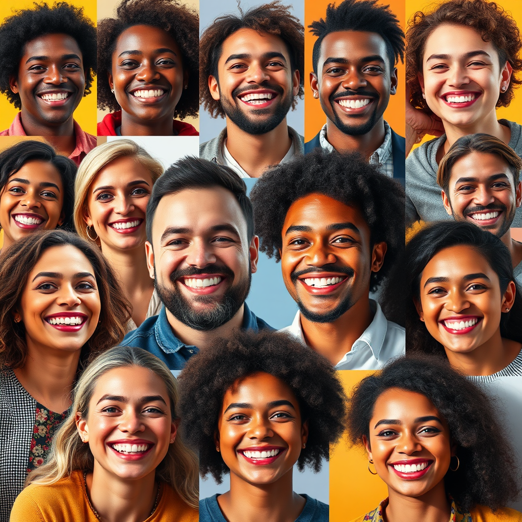 Create an uplifting collage of smiling faces from diverse users sharing their success stories in cryptocurrency. The backdrop should be bright and colorful, symbolizing happiness and achievement. Incorporate elements of success like charts trending upward or digital rewards to emphasize accomplishments. Vivid color contrasts should enhance the positive atmosphere. Use a dynamic composition that highlights each individual while keeping the overall tone joyful. The result should be an engaging community spirit captured in photorealistic detail and rendered in 8K resolution.