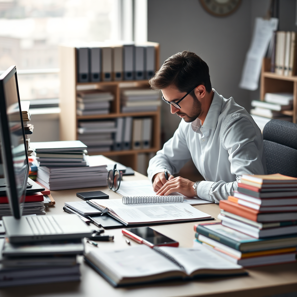 Depict a professional setting where a technical writer is meticulously drafting documentation, surrounded by stacks of manuals, digital devices, and references. The lighting should be soft yet bright, highlighting the focus on the documentation work. Use a muted color palette with accents of color from books and devices to create an organized and intellectual atmosphere. The composition should emphasize the importance of detailed documentation in engineering, with textures such as paper, screens, and modern office furnishings that enhance the narrative.