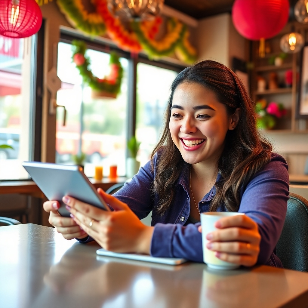 Depict a user happily taking a quiz on a bright tablet at a cozy café. The setting should feature vibrant decorations and natural light coming through the window, evoking an inviting and friendly atmosphere. Include props like a coffee cup and a smiling face of the user fully engaged in the quiz. This image should be high-quality and photorealistic, exuding a sense of excitement.