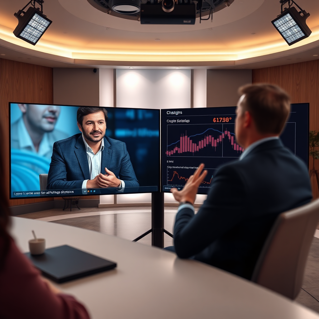 Design a captivating image of an online interview setting featuring a crypto expert discussing strategies. The backdrop shows a professional studio environment with soft lighting highlighting the interviewee. Incorporate a split-screen setup, with the interviewer's captivating visual on one side and graphical statistics reflecting key points on the other. Use crisp graphics and engaging visuals of cryptocurrencies that enhance the conversation. Capture this moment in an eye-level angle for an immersive feel, ensuring hyperrealism and depicted in 8K resolution.