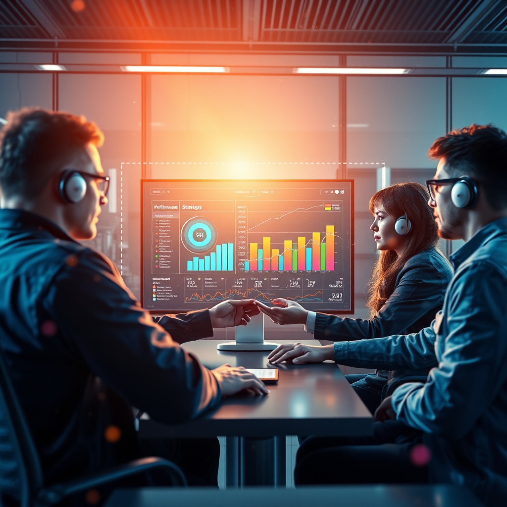 Design a forward-looking image showcasing metrics and performance analytics on a dashboard as engineers deliberate on optimization strategies. Capture a sleek workspace that incorporates digital elements like augmented reality overlays emphasizing data insights. Utilize a vibrant color palette with dynamic movement to portray energetic discussions. The lighting should be bright and inspiring, reflecting high motivation levels among the professionals. The composition must balance elements of analytics and teamwork, presenting a holistic view of performance-driven engineering.