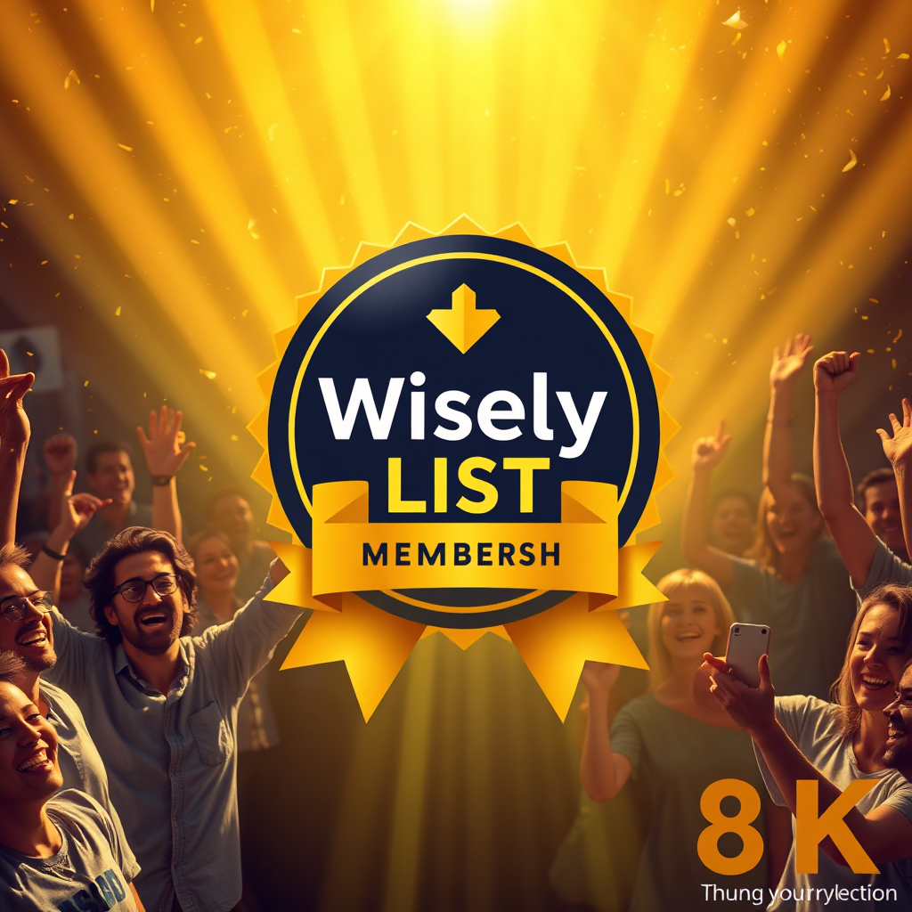 Design a vibrant image showcasing a digital badge of the Wisely List membership against a backdrop of happy members celebrating their success in crypto investing. Golden light should pour into the scene, creating a festive atmosphere. Use a mix of testimonials and celebratory graphics to emphasize the advantages of joining. The composition should convey community and achievement, using a dynamic angle to enhance engagement. This visual should encapsulate joy and opportunity, rendered in stunning 8K resolution.