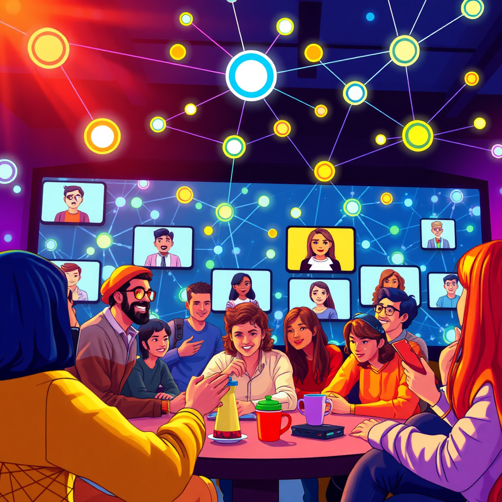 Design a vibrant scene showcasing a virtual gathering of community members sharing their crypto success stories through video chats. The backdrop should be a colorful network graphic illustrating connections among members. Bright lighting should enhance interaction as if in an animated gathering. Include emotive visuals to reflect excitement and camaraderie among users. Capture the lively interactions from a cinematic perspective to draw viewers in. The image should portray a sense of belonging and empowerment, completed in 8K resolution.