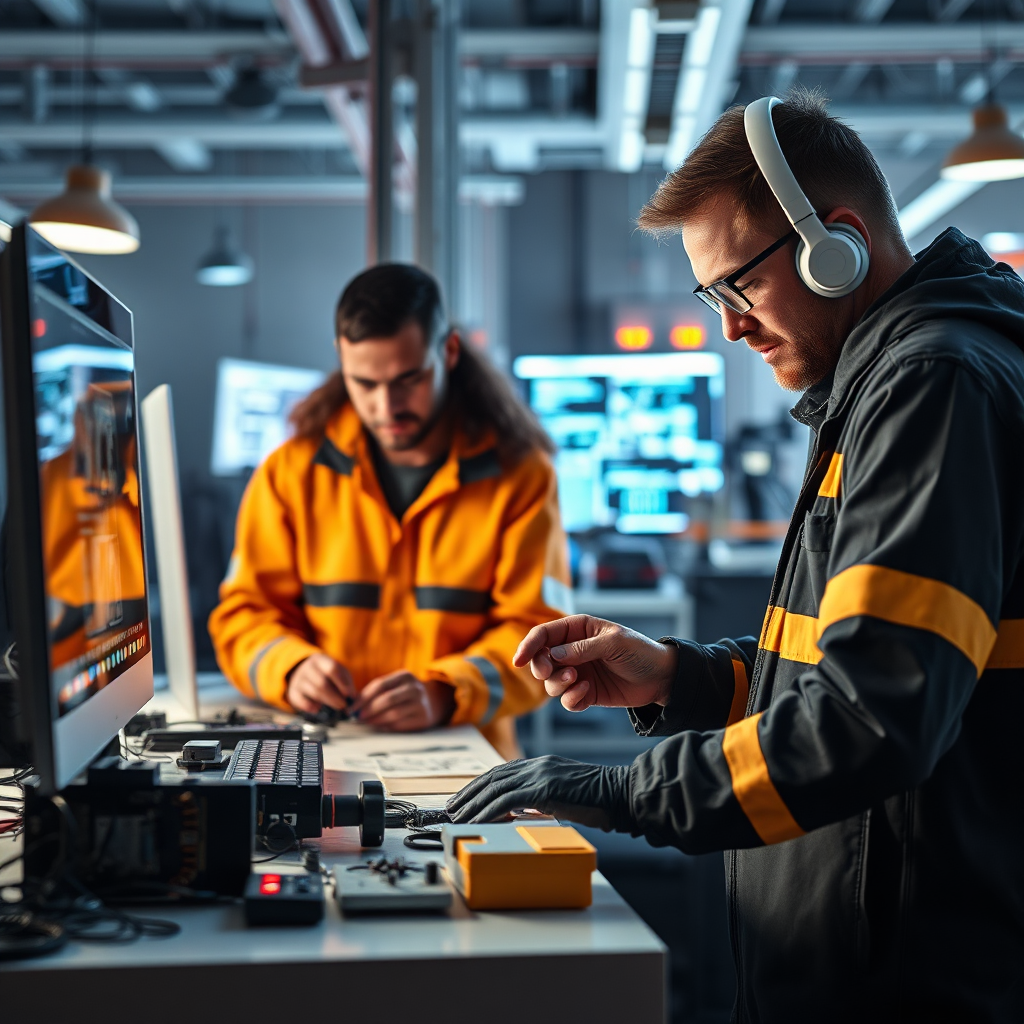 Design an image that showcases a team of engineers developing advanced engineering solutions in a high-tech workspace. The scene should reveal engineers utilizing both digital tools and physical prototypes. Use bright lighting highlighting the collaborative atmosphere, with a color palette that mixes professional tones with energetic pops of color. This visual should evoke innovation and teamwork within a technology-driven environment.