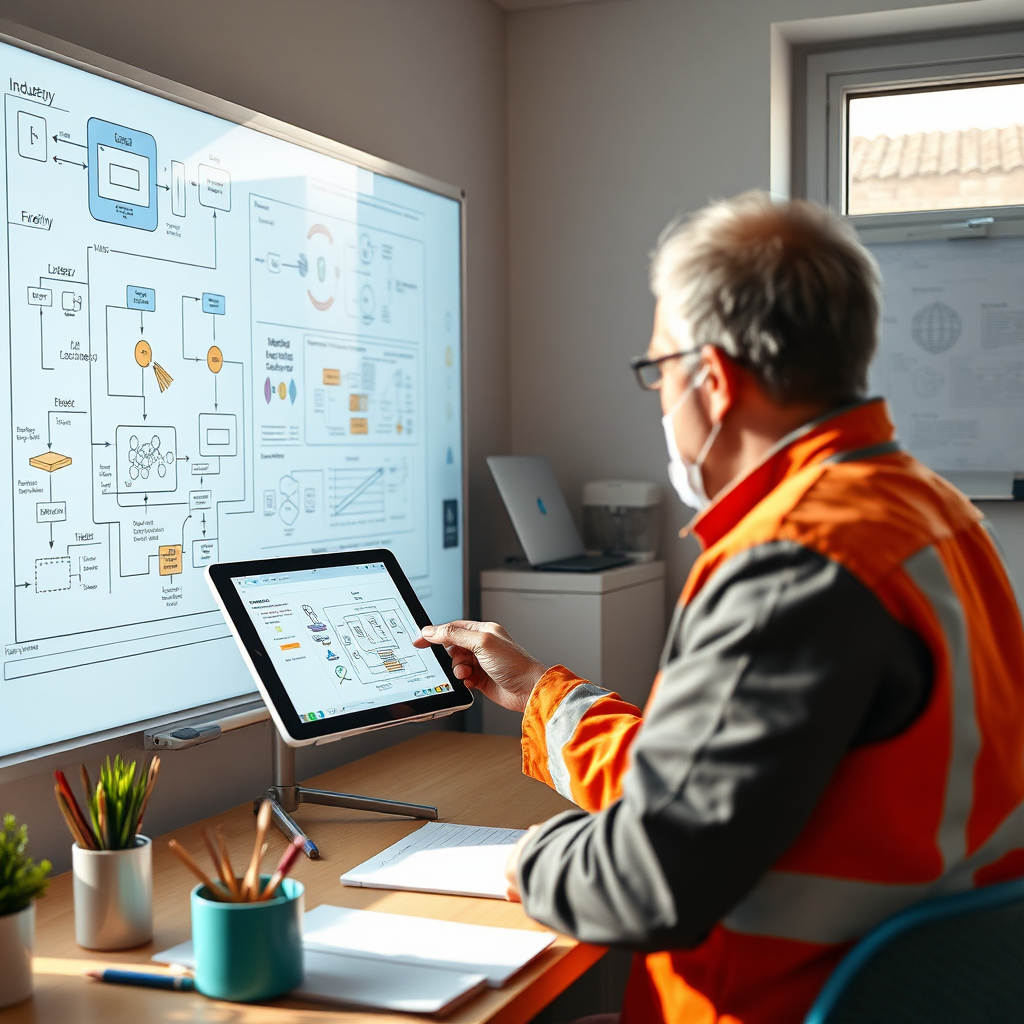 Envision a creative workspace where an engineer illustrates complex systems via a digital tablet and a smartboard filled with flowcharts and diagrams. The color scheme should be bright, with industry-related graphics enhancing understanding. Include detailed textures of the tablet and smartboard while ensuring natural light floods the room, symbolizing clarity and insight. The composition should effectively display the convergence of technology and teaching method, creating an informative visual representation.