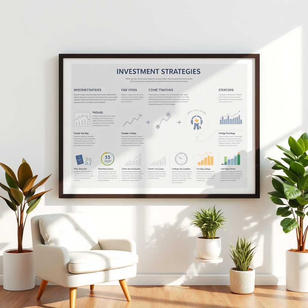 Envision a step-by-step visual guide framed on a wall, highlighting various investment strategies. The background can include elements of a peaceful room, like a comfortable chair and houseplants, symbolizing a serene learning environment. A light source should create shadows that add depth to the visual. Include graphics that visually break down strategies into easy-to-understand components. Use a straight-on perspective for visibility and clarity. The final image should be organized and harmonious, executed in 8K resolution.