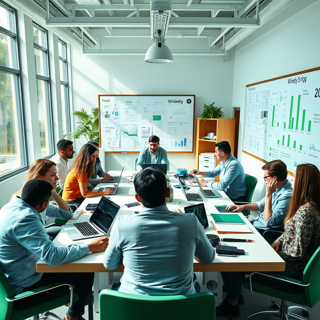 Envision a vibrant and engaging workspace that represents WiselyCrypto's team. Include diverse professionals collaborating around a large table filled with digital devices and whiteboards covered in crypto data and graphics. Natural light should flood the room, highlighting the diverse atmosphere of innovation and teamwork. The color palette should be bright and inviting, featuring greens and light blues, symbolizing growth and clarity. Use a wide-angle camera perspective to capture the dynamic interaction among the team. The final image should be photorealistic, evoking the spirit of collaboration and expertise, in 8K resolution.