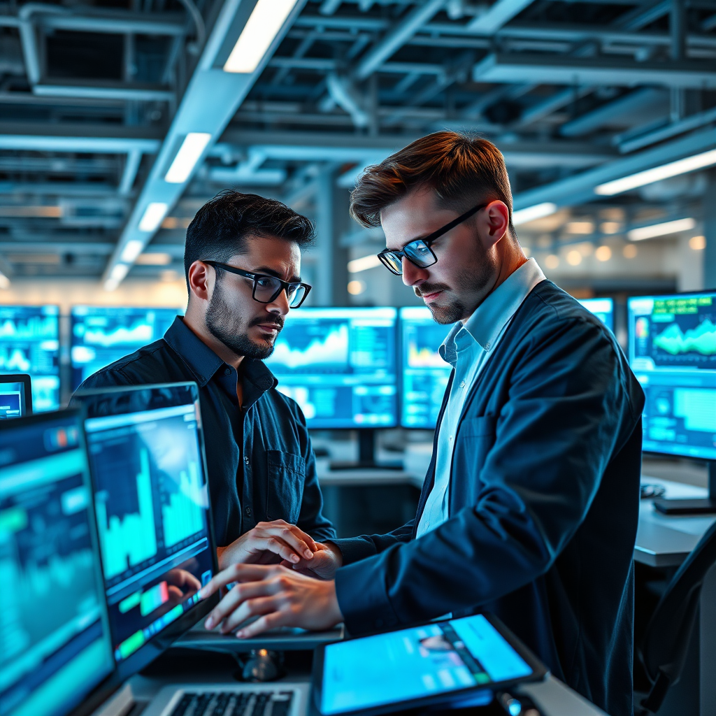 Envision an advanced engineering space where AI tools are seamlessly integrated into the workflow. The image should depict engineers analyzing data with AI interfaces, showcasing bright screens filled with analytics. Use an engaging color palette with blues and greens to signify technology and innovation. Capture expressions of concentration and collaboration among engineers, reflecting the efficiency gained through AI.