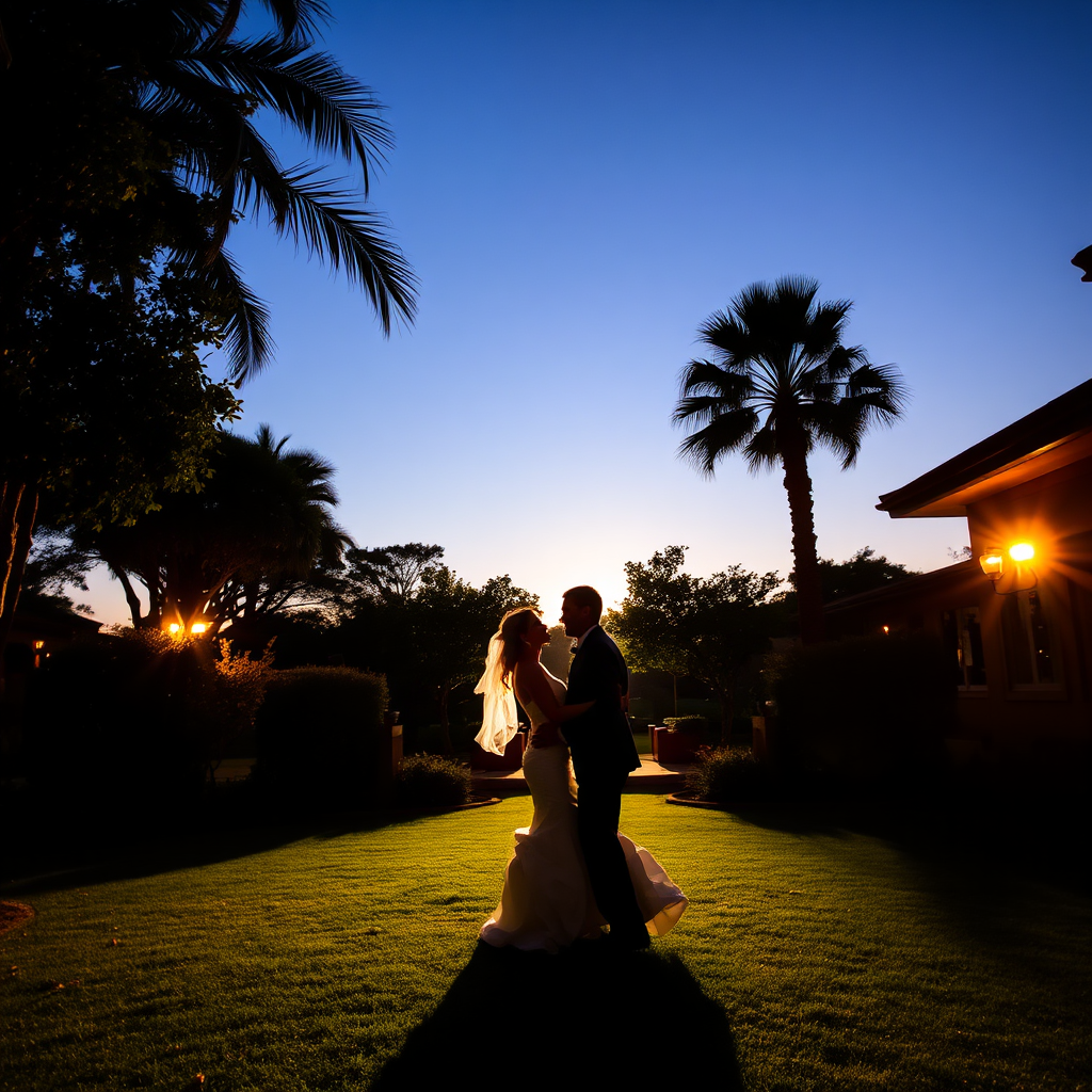 Garden destination wedding at dusk