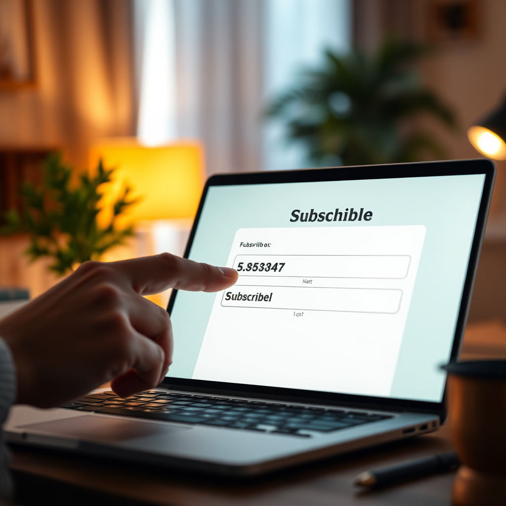 Illustrate a close-up of a user-friendly subscription form on a laptop screen, with a hand poised to click 'Subscribe'. The background should be a cozy office space with soft ambient lighting contributing to an inviting atmosphere. Include elements like stationery and a plant to add personal touches. Ensure that the subscription form is clear and engaging. Use a macro lens view to focus on the form detail, creating an approachable vibe. Final image composition should be hyperrealistic in 8K resolution.