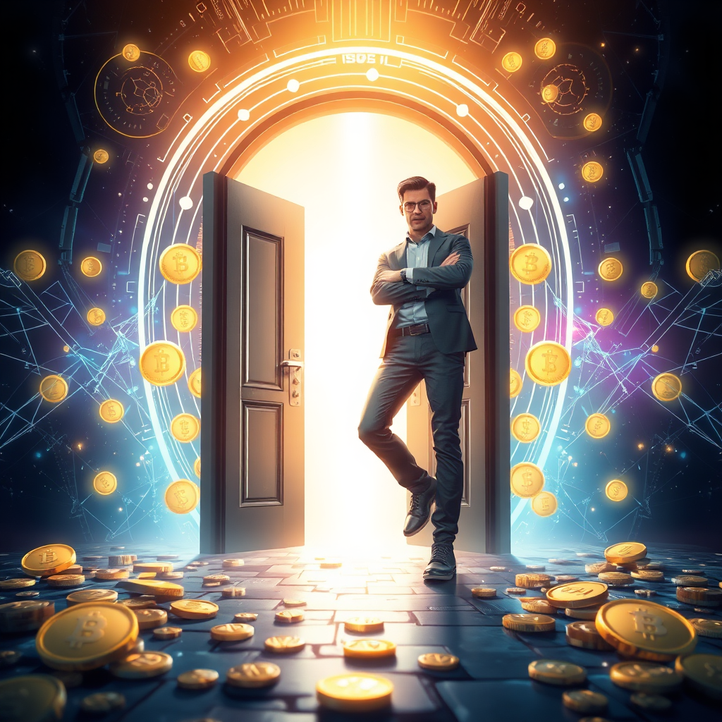 Illustrate a confident individual about to step through a digital doorway leading to a bright future in cryptocurrency. The doorway should be surrounded by digital coins glowing with promise. Gentle light should accentuate the path ahead, signaling opportunity. The background can be a blend of abstract tech elements and natural visuals representing balance. Use a dynamic perspective to enhance the sense of movement and decision-making. This image should convey motivation and opportunity, presented in hyperrealistic detail and 8K resolution.