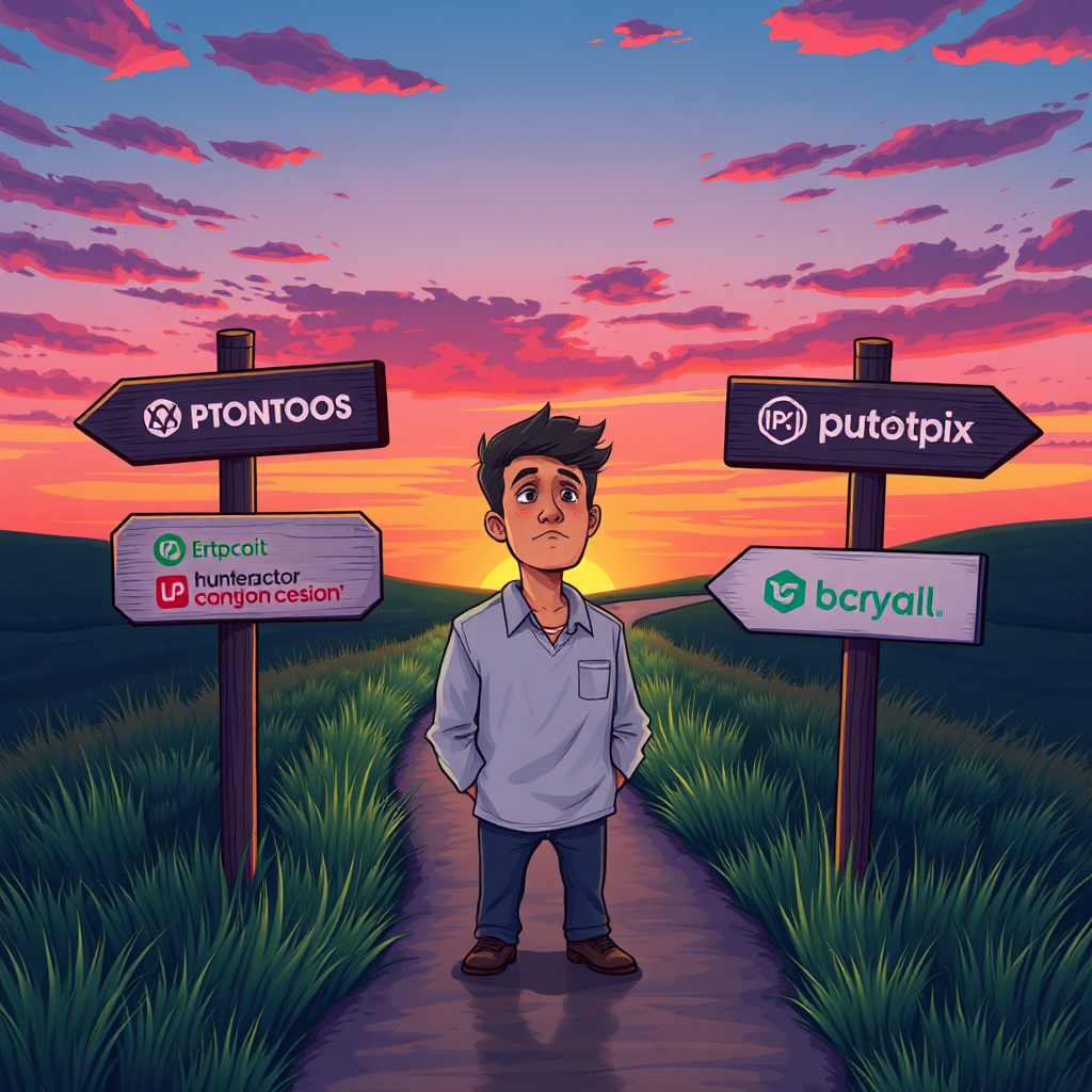 Illustrate a decision-making moment where a person stands at a crossroads with signs pointing to different crypto platforms. The scene should be set during twilight, with a colorful sunset background, accentuating the importance of choice. The signs should be illuminated, showcasing the names and logos of popular platforms. A contemplative expression on the person's face should convey the weight of their decision. Incorporate lush grass and a winding path to denote a journey. This imagery should resonate with decision-making, designed in stunning 8K resolution for detail.