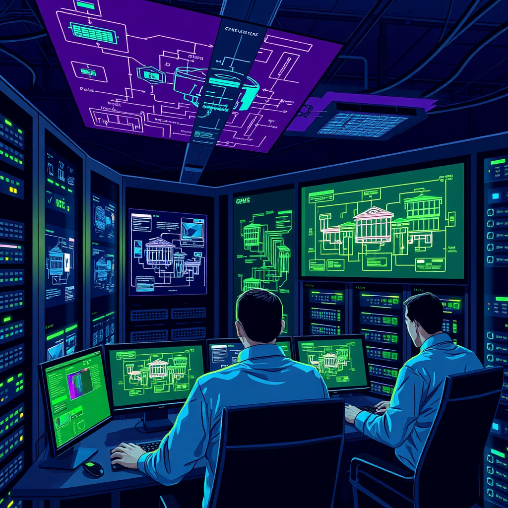 Illustrate an advanced server room with engineers optimizing web systems and complex architectural diagrams projected on screens. The environment should be dark with glowing lights from servers creating a dramatic contrast. The composition should focus on the engineers managing the intricate web systems with a sense of urgency and expertise. Use vivid colors like neon green and blue to highlight the advanced technology involved. The visual should tell a story of efficiency and control in a high-stakes engineering environment.