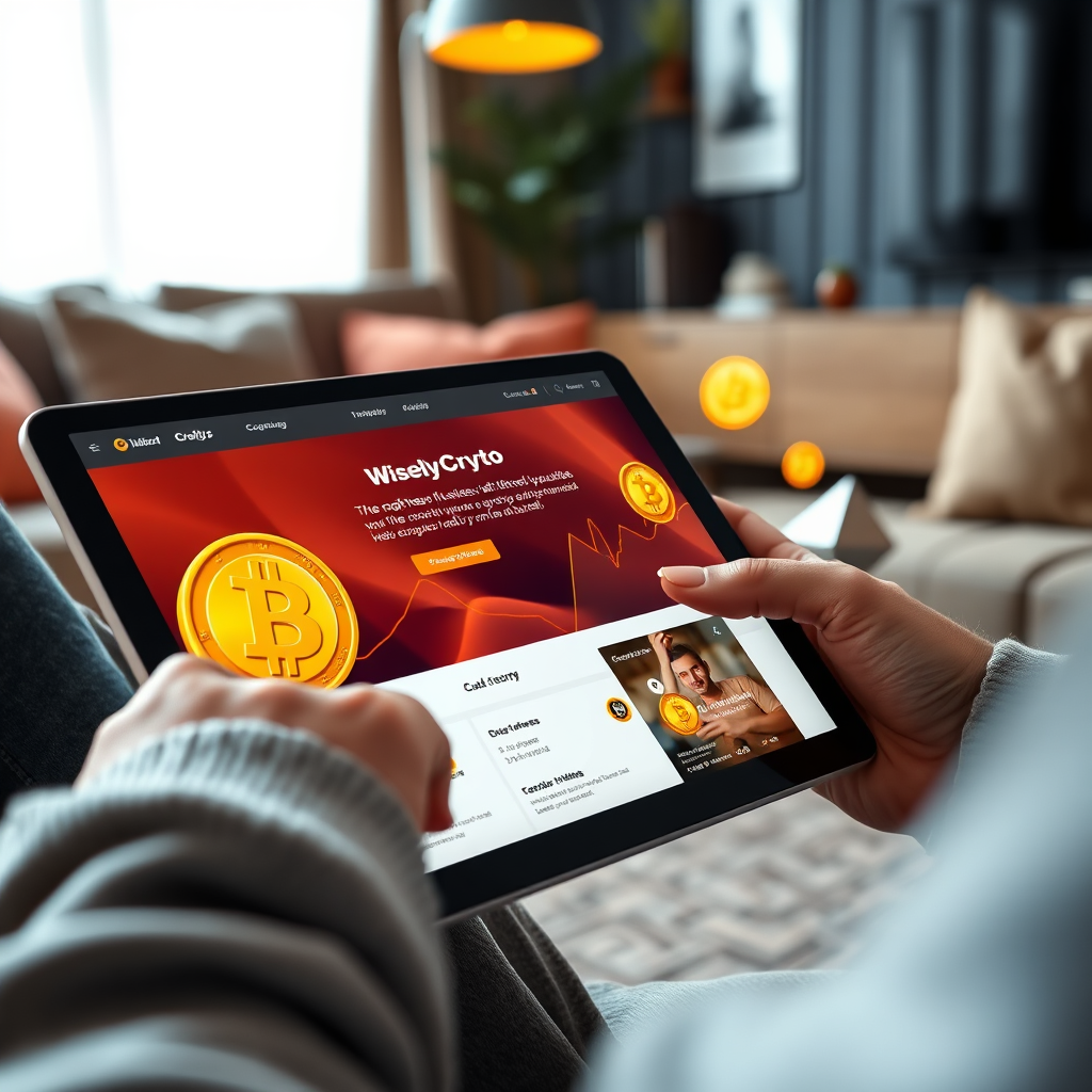 Imagine a close-up shot of a user navigating the WiselyCrypto website on a tablet, surrounded by popular cryptocurrencies like Bitcoin and Ethereum depicted as 3D visuals to catch the eye. The lighting should focus on the tablet's screen, highlighting user-friendly guides. Background elements can include a cozy living room with a modern touch. The color palette should emphasize vibrant and appealing tones to attract attention. Utilize a macro lens effect to create an intimate and inviting feel while maintaining clarity. The final image should capture the essence of exploration and comfort, rendered in 8K resolution.