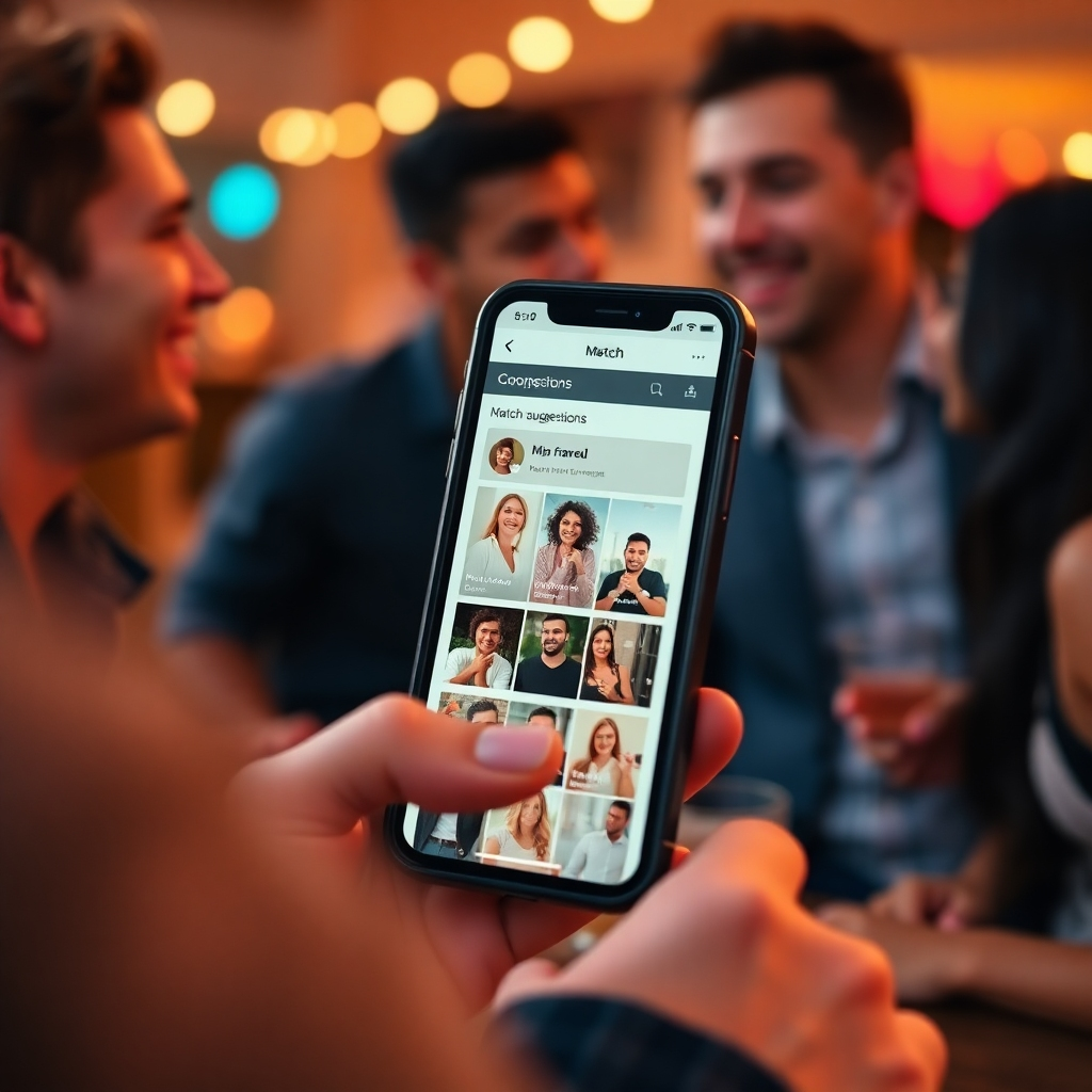 Imagine a closely framed image of a smartphone displaying match suggestions, with a background showing friends happily chatting. The screen should be clear, with engaging visuals of potential matches. Use a warm color palette with a gentle depth of field to bring focus to the phone while the background suggests a vibrant social environment. This image must embody the excitement of finding a match and be high-quality in detail.