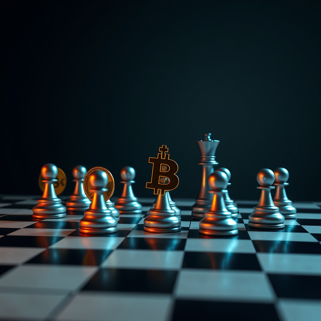 Imagine a conceptual image of a digital chessboard with cryptocurrency logos as pieces, signifying strategic moves in trading. The background should be minimalist with strong contrasts to focus on the board. Soft, dramatic lighting emphasizes the serious nature of strategic decision-making. Apply a dynamic camera angle to create drama and enhance engagement. This image should symbolize strategy and foresight, constructed in intricate detail and rendered in 8K resolution.