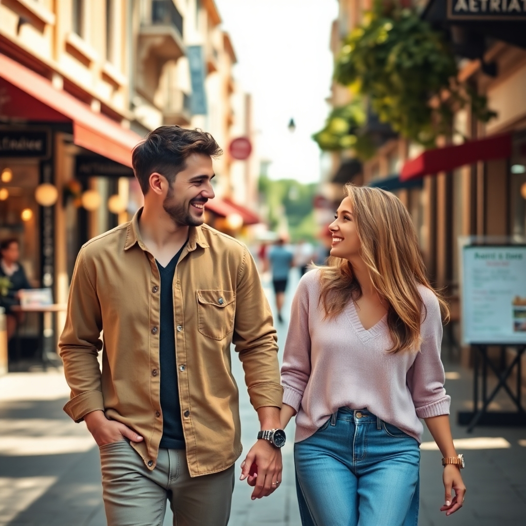 Imagine a couple walking hand-in-hand down a sunlit street, smiling at each other, enjoying local attractions. The setting should convey a warm and inviting city environment with shops and cafes in the background. Utilize bright and cheerful lighting to create an uplifting atmosphere that encourages connection. The camera angle should be slightly elevated to capture both the couple and the surroundings beautifully. This high-quality, photorealistic image should express warmth and romance.