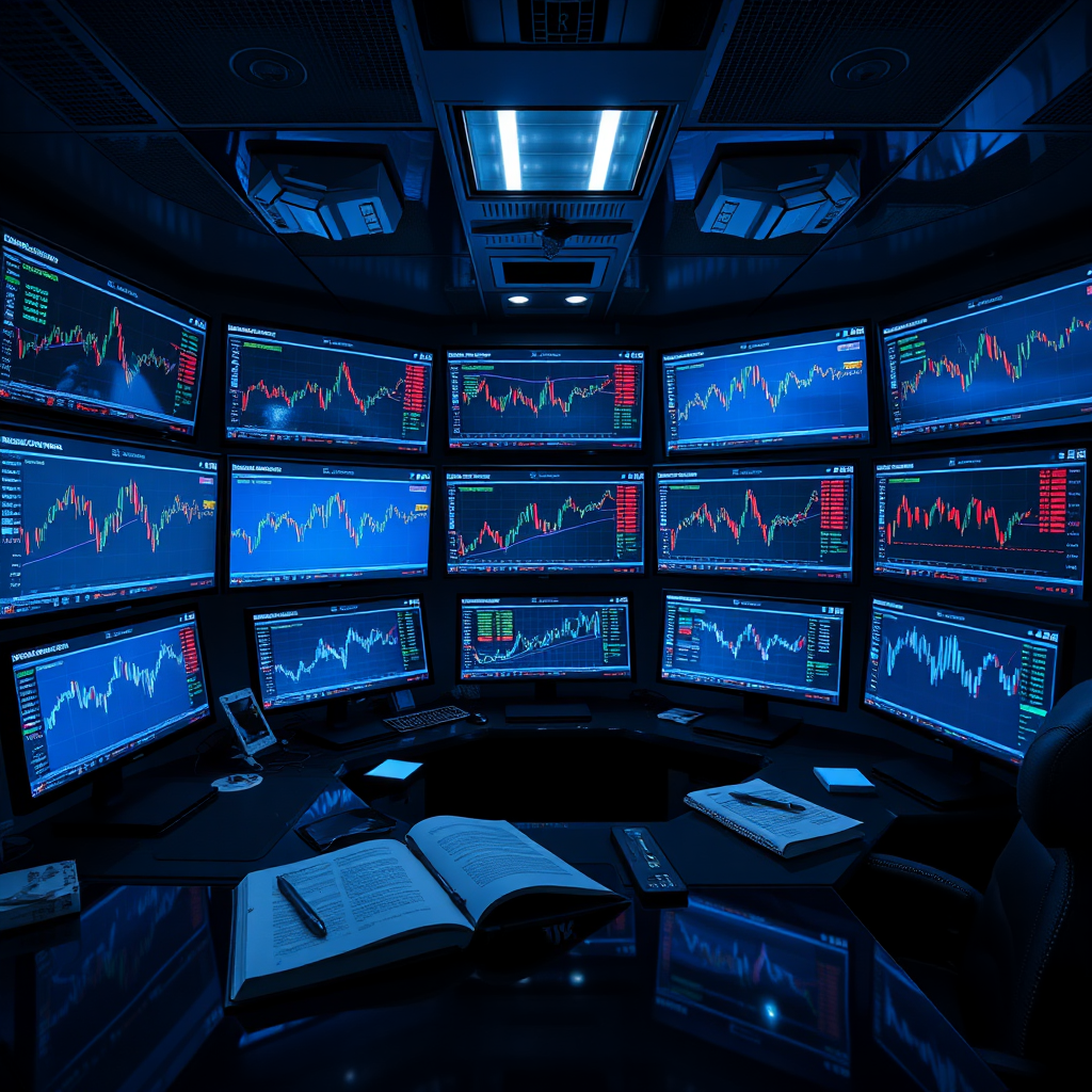 Imagine a digital workspace filled with multiple screens showing real-time trading dashboards, market analysis, and currency charts. The room is dimly lit with screens casting a cool blue glow. Include elements like trading books and notepads on the desk to indicate preparation. The perspective should be wide to encompass the scope of tools available to serious traders. Textures should be glossy and modern, representing a high-tech atmosphere. Capture the essence of seriousness and precision in trading, presented in hyperrealistic detail and 8K resolution.