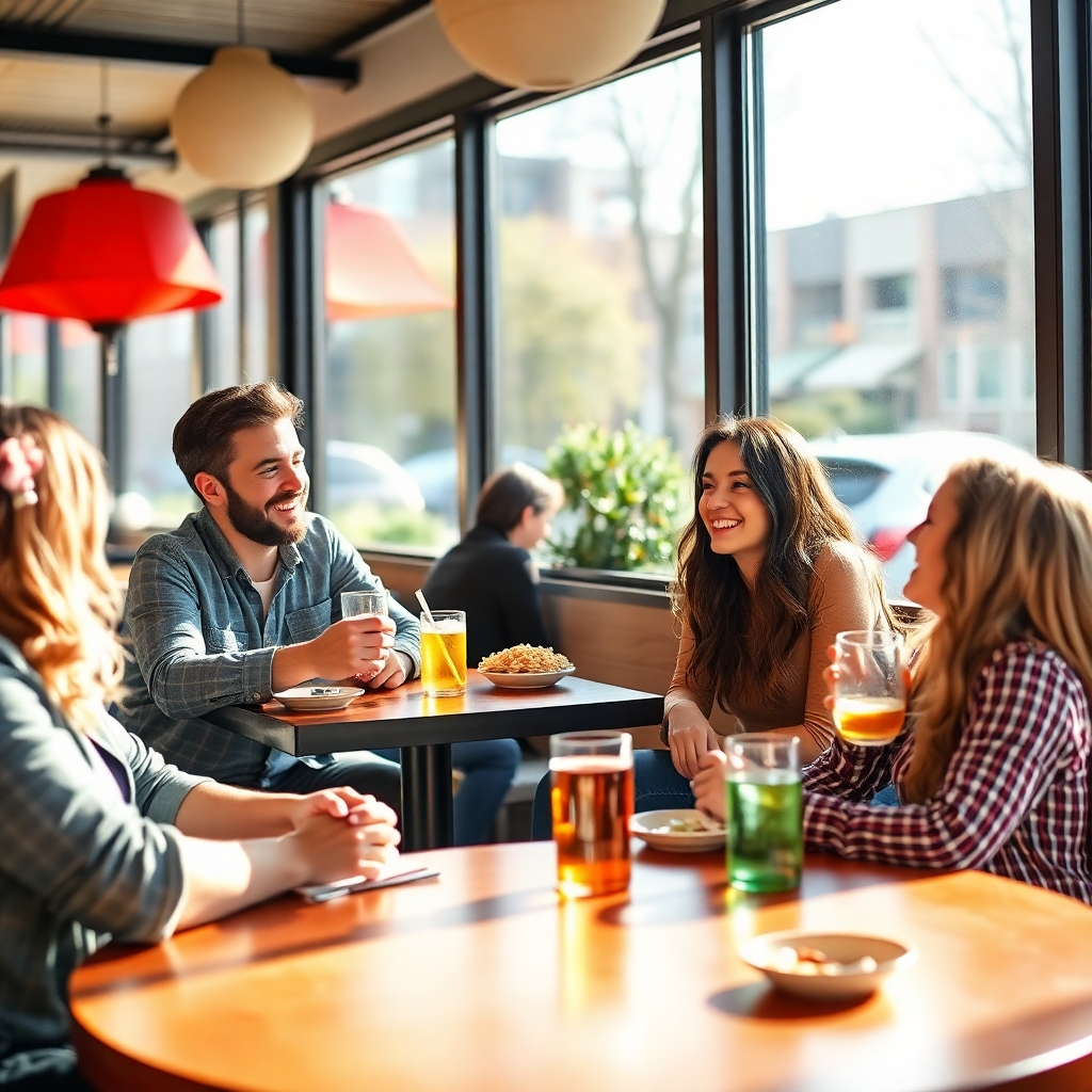 Imagine a relaxed setting where a group of singles is seated together at a nearby café, initiating conversations and making connections. The sunlight should splash onto their table, with thoughtful props like drinks and snacks, making it a vibrant environment. Include candid laughter and expressions of friendliness, showcasing the beginnings of new friendships or romances. This should be captured in a photorealistic style.