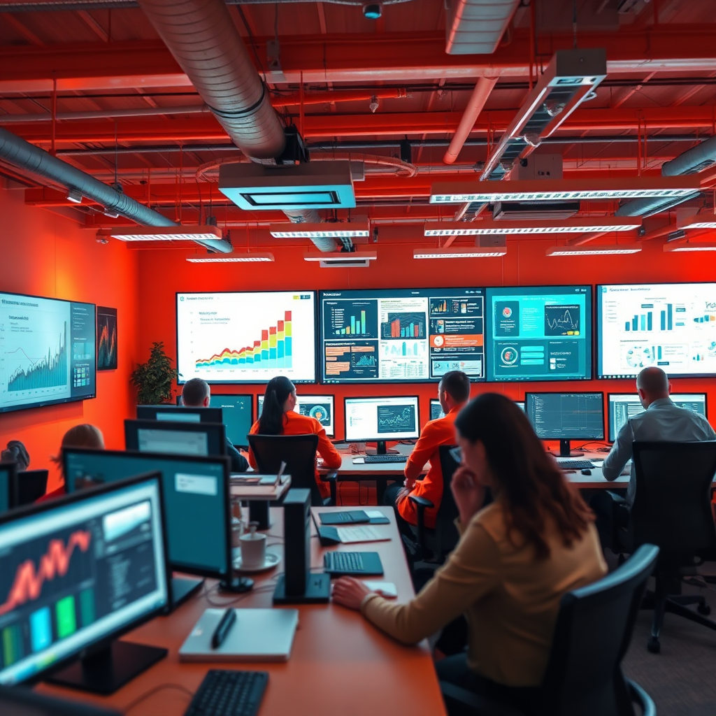 Imagine a vibrant office space where engineers are actively working on multiple projects simultaneously, with screens illustrating graphs of growth and system architectures. Capture a sense of movement and activity, with diverse individuals collaborating closely. Use bright, energizing colors like orange and teal to project a feeling of dynamism and innovation. The camera angle should emphasize both the individuals and the technology, providing a comprehensive view of an advanced engineering workflow. The image should be stylish yet realistic, encapsulating the spirit of modern engineering.